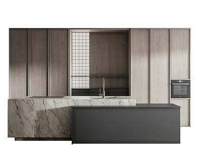 Modern Kitchen Interior With Wooden Cabinets Marble Countertop Sink And Oven 3d model