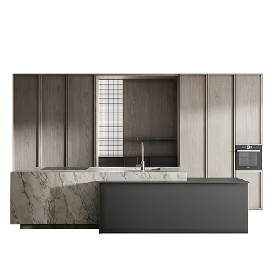 Modern Kitchen Interior With Wooden Cabinets Marble Countertop Sink And Oven 3d model