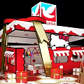 Red Hello Kitty Themed Booth With Hexagonal Floor And Seating Setup 3d model