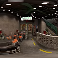 Retro Hotpot Restaurant Interior With Beverage Shelves And Neon Lights