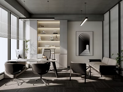Modern Office Interior Design With Desk Chairs Sofa Bookshelf Windows And Artwork 3d model