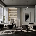 Modern Office Interior Design With Desk Chairs Sofa Bookshelf Windows And Artwork