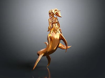 Golden Statue Of Female Figure Riding Shark Decorative Art Piece 3d model