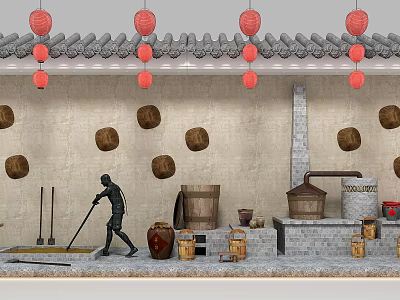 Traditional Chinese Garden Ornaments With Red Lanterns Tile Roof Bamboo Decorations And Clay Pots 3d model