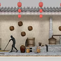 Traditional Chinese Garden Ornaments With Red Lanterns Tile Roof Bamboo Decorations And Clay Pots