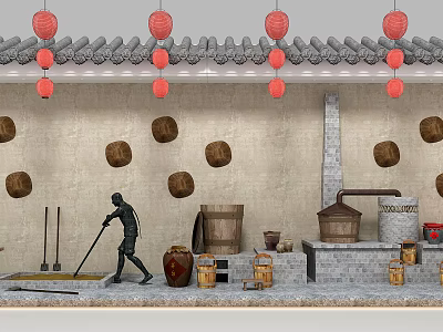 Traditional Chinese Garden Ornaments With Red Lanterns Tile Roof Bamboo Decorations And Clay Pots 3d model