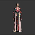 Traditional Hanbok Long Dress With Wide Sleeves Colorful Patterned Fabric And Pink Ribbon Belt