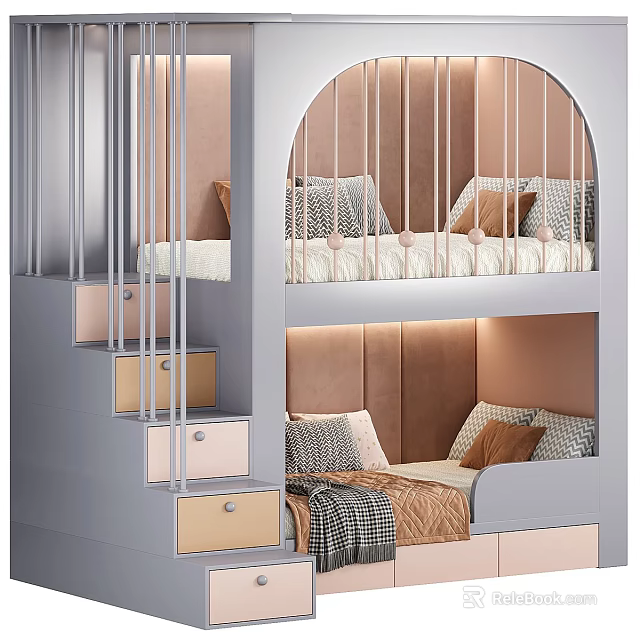 Modern Pink Gray Bunk Bed With Arched Design Staircase Drawers Pillows And Lighting 3d model 
