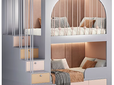 Modern Pink Gray Bunk Bed With Arched Design Staircase Drawers Pillows And Lighting 3d model