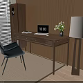 Modern Wooden Desk With Laptop White Flowers Vase Green Chair And Floor Lamp
