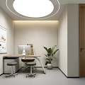 Modern Office Interior Design With Round Ceiling Light Desk Computer And Potted Plant 3d model