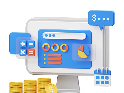 Smart Machine Generating Financial Data Analysis Reports With Charts Calculator And Coins 3d model