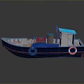 Small Blue And White Watercraft With Blue Roofed Cabin Red Green Barrels And Orange Lifebuoy