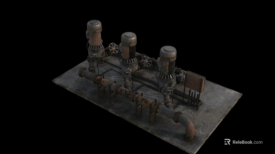 Industrial Equipment Setup With Three Cylindrical Units Connected Pipes And Gears 3d model 
