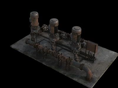 Industrial Equipment Setup With Three Cylindrical Units Connected Pipes And Gears 3d model
