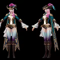 Game And Movie Characters With Pink Hair Green White Outfit And Pumpkin Hat Red Black Costume