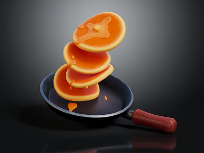 Black Frying Pan With Red Handle Stacked Pancakes And Golden Syrup 3d model