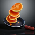 Black Frying Pan With Red Handle Stacked Pancakes And Golden Syrup
