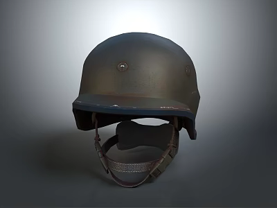 Worn Dark Green Military Helmet With Chin Strap And Protective Gear Feature 3d model