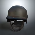 Worn Dark Green Military Helmet With Chin Strap And Protective Gear Feature