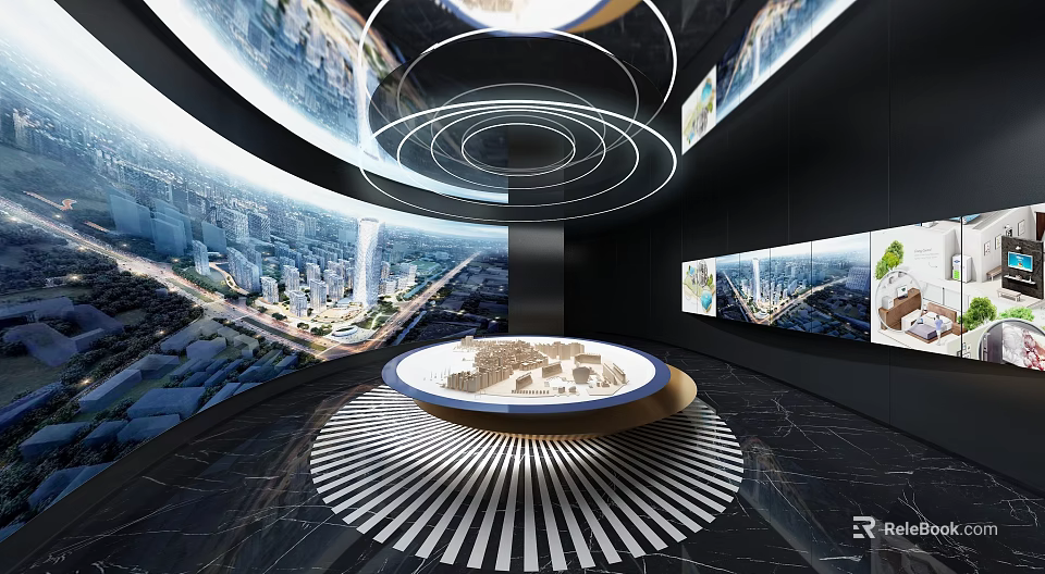 Modern Exhibition Hall Interior With Circular Display Table Cityscape Screens And Circular Lighting 3d model 