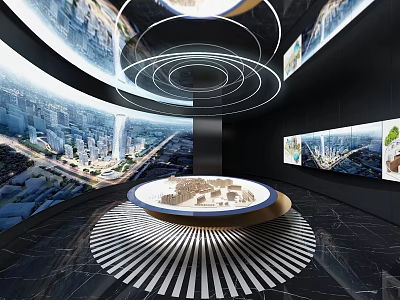 Modern Exhibition Hall Interior With Circular Display Table Cityscape Screens And Circular Lighting 3d model
