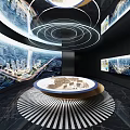 Modern Exhibition Hall Interior With Circular Display Table Cityscape Screens And Circular Lighting