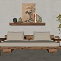 Rustic Wooden Sofa And Coffee Table Set With Cushions And Decorative Shelf