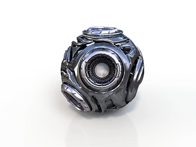Silver Metallic Tech Sphere With Complex Mechanical Structure And Circular Core 3d model