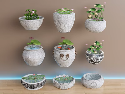 Courtyard Garden Decorative Stone Pots With Lotus And Aquatic Plants In Various Designs 3d model