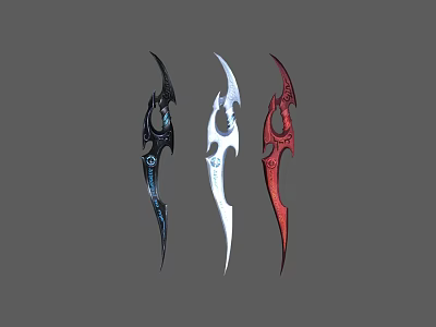 Three Colorful Decorative Weapons With Black White Red Blades And Intricate Patterns 3d model