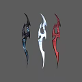 Three Colorful Decorative Weapons With Black White Red Blades And Intricate Patterns