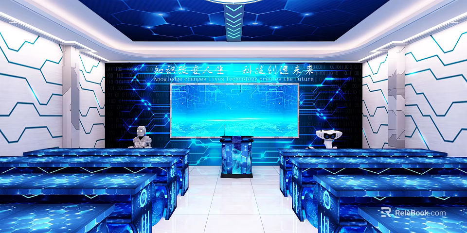 Modern Tech Conference Room Interior Design With Large Screen And Blue Tables 3d model 