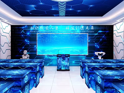 Modern Tech Conference Room Interior Design With Large Screen And Blue Tables 3d model