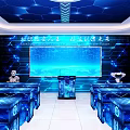 Modern Tech Conference Room Interior Design With Large Screen And Blue Tables 3d model
