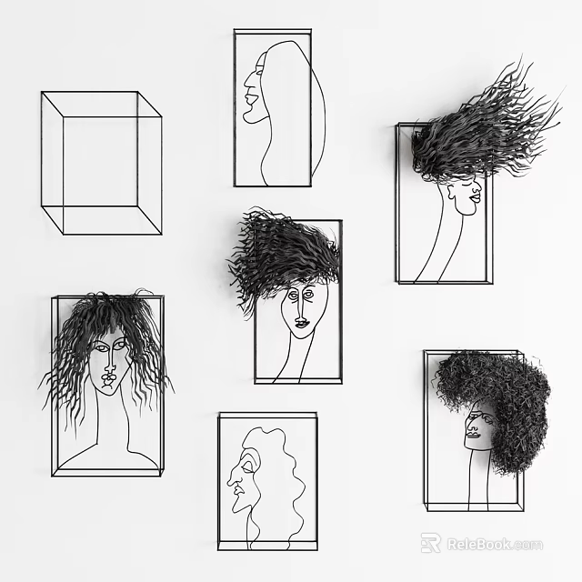 Creative Wall Decor with Line Art Portraits and Hair Decorations in Frames 3d model 