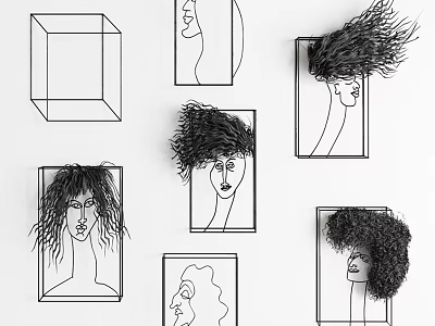 Creative Wall Decor with Line Art Portraits and Hair Decorations in Frames 3d model