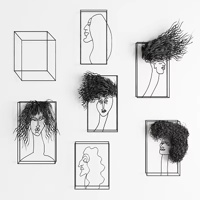 Creative Wall Decor with Line Art Portraits and Hair Decorations in Frames 3d model