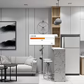 Modern Living Dining Room Interior With Sofa Coffee Tables Decorative Painting And Marble Island Counter