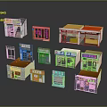Miniature Retail Shop Models With Various Storefront Designs And Colorful Signage