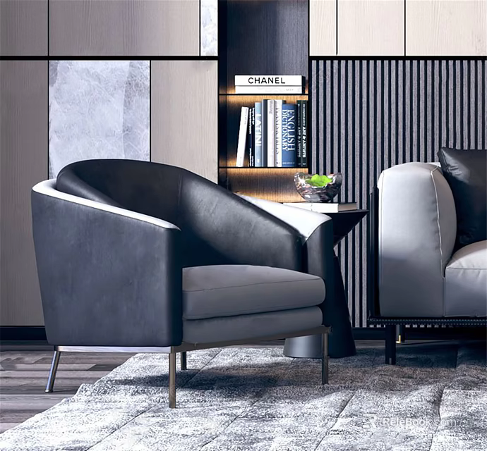 Modern Luxury Sofa and Coffee Table Set With Black Chair Gray Sofa Bookshelf and Lighting 3d model 