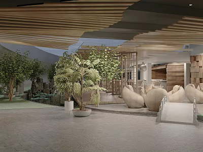 Indoor Landscape Design With Wooden Ceiling Green Trees And Large Ceramic Vases 3d model