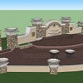 Classical Plaza Landscape With Stone Wall Decorative Columns And Ornate Fountains
