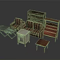 Vintage Furniture Collection With Striped Sofa Bookshelf Coffee Table And Cabinet