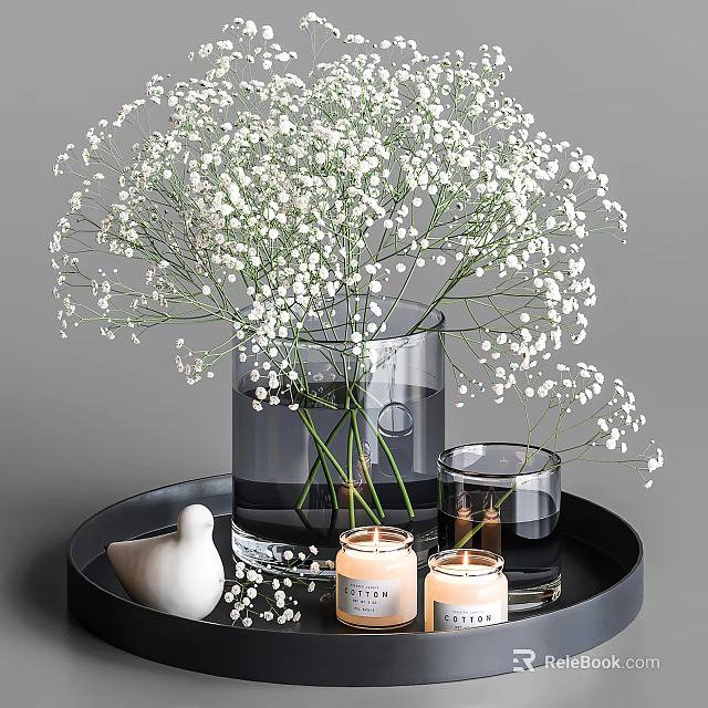 Transparent Vase With White Baby's Breath Flowers On Black Tray With Candles And Bird Ornament 3d model 