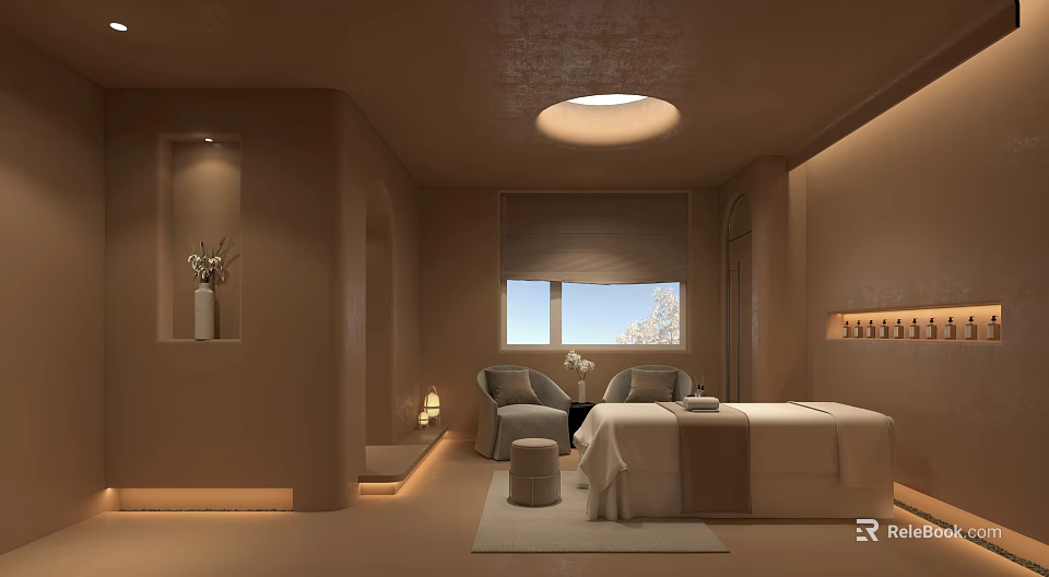Relaxing Spa Interior With Massage Bed Armchair And Warm Lighting 3d model 