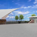 Welcoming Entrance Gate With White Membrane Stone Wall Iron Fence Green Trees And Blue Sky