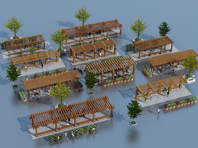 Outdoor Multiple Wooden Pergolas With Trees Flowers And People In Paved Area 3d model