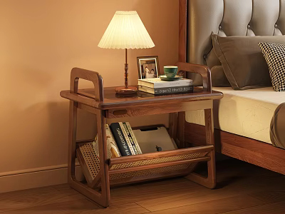 Wooden Bedside Table With Table Lamp Photo Frame Cup And Books Next To Bed 3d model