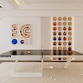 Modern Indoor Sports Equipment Table Tennis Table With White Design And Colorful Circular Wall Decor
